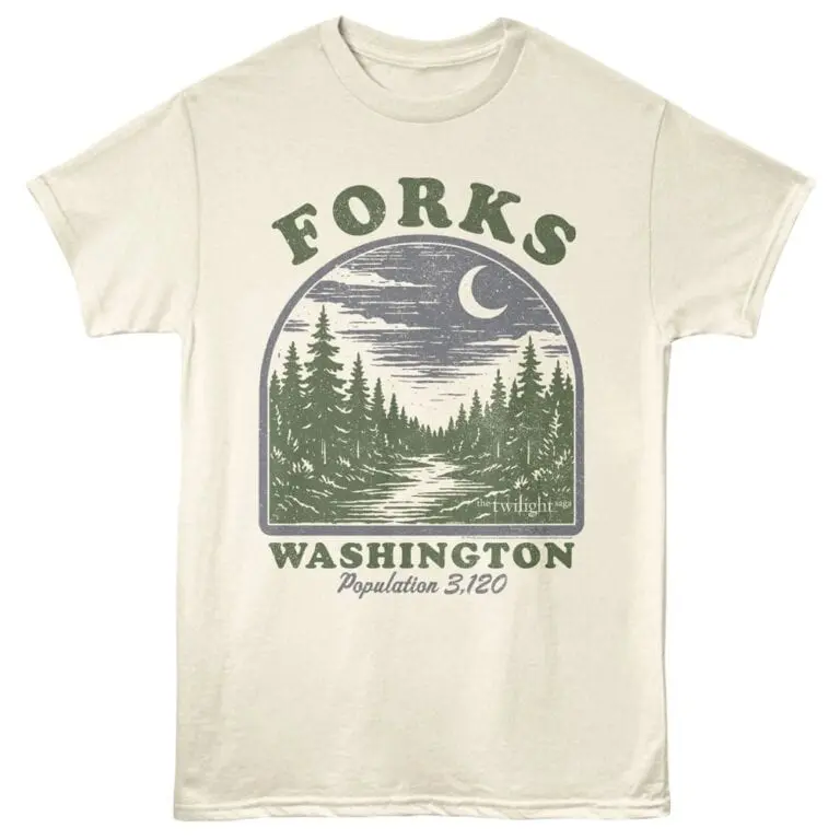 Vintage-inspired graphic tee showcasing Forks, Washington, with a forest and river scene at night. Perfect for outdoor and nature lovers.