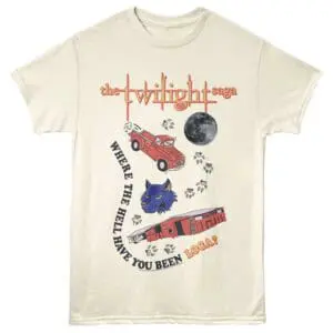 Vintage Twilight Saga T-shirt featuring moon, red truck, wolf, and iconic quotes, perfect for fans.
