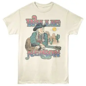 Custom Willie Nelson graphic T-shirt featuring legendary country musician with desert background.