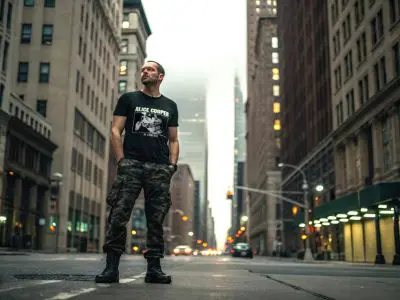 A man stands confidently in the middle of a city street during evening, wearing a black graphic t-shirt and camouflage pants, showcasing urban fashion style.