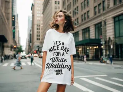 A trendy woman wearing a white graphic t-shirt in an urban city street, showcasing casual fashion for modern streetwear style.