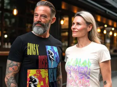 A stylish couple wearing band graphic T-shirts outdoors at night, showcasing trendy music-inspired apparel for men and women.