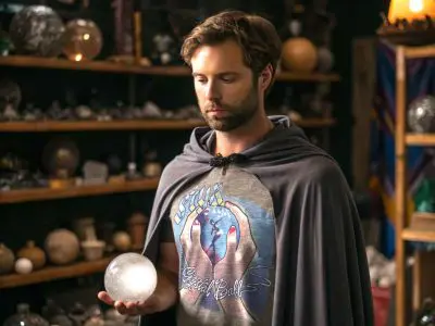 A young man examining a glowing crystal ball in a mystical shop filled with artifacts and crystals, showcasing unique mystical apparel and accessories.