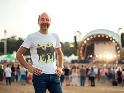 Enjoying a vibrant outdoor concert with a happy crowd under sunset sky, showcasing concert fashion and live music experience.