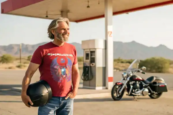 Man with motorcycle helmet at a gas station in desert landscape, smiling with a motorcycle in the background.
