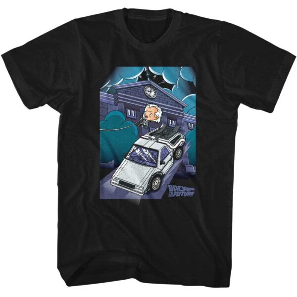 Back To The Future Cartoon Doc on Clock Tower T-Shirt