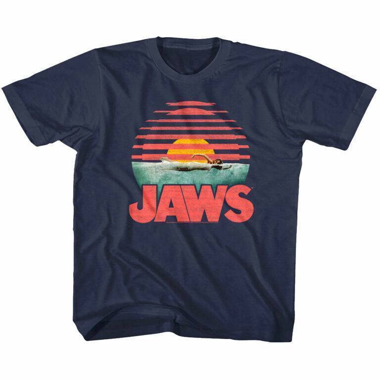 Jaws Swimmer at Sunset Kids T Shirt