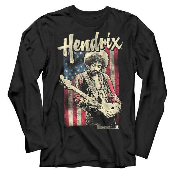 Jimi Hendrix Guitar USA Flag Long Sleeve T Shirt