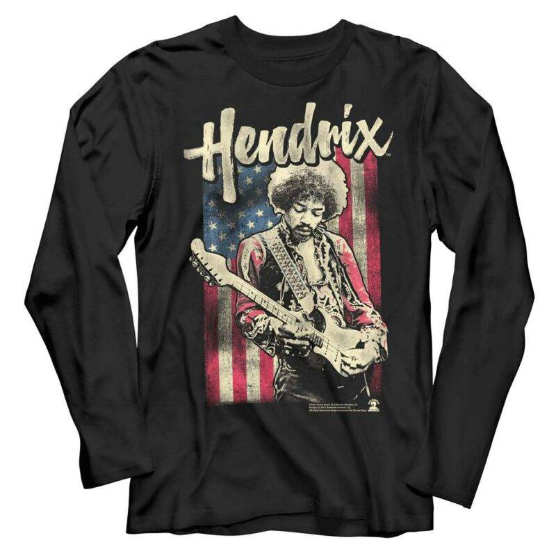 Jimi Hendrix Guitar USA Flag Long Sleeve T Shirt