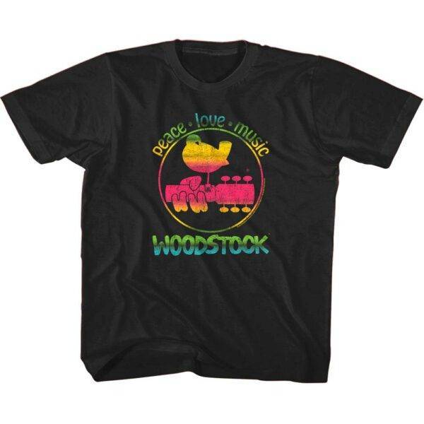 Woodstock Rainbow Peace Love & Music Kids T Shirt