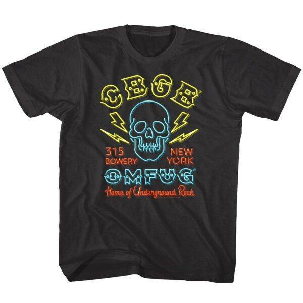 CBGB OMFUG Skull Neon Sign Kids T Shirt