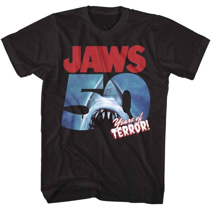 Jaws 50 Years of Terror Black Men’s T Shirt