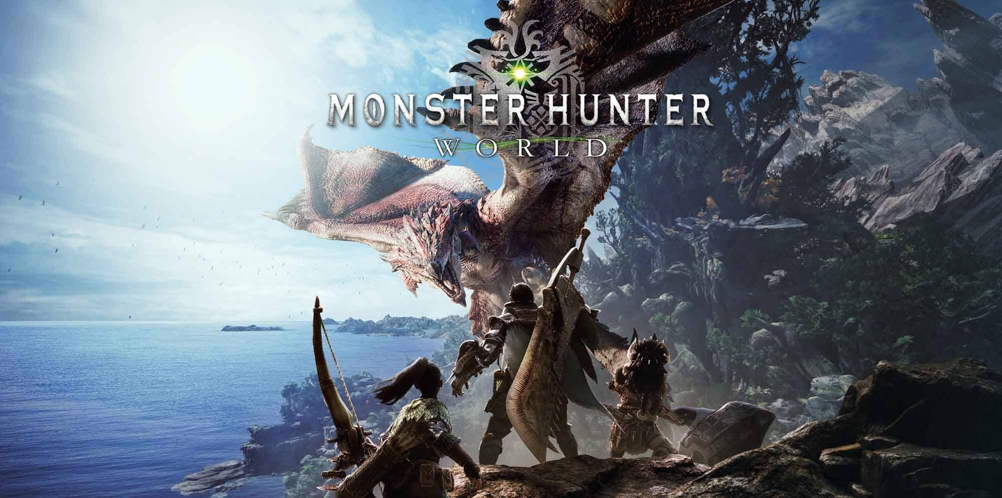 Magnificent Monster Hunter World landscape featuring players fighting a massive dragon in a lush wilderness.