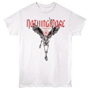 Graphic tee featuring skeletal bird with sixties-style text and logo design. Perfect for music and streetwear fans.