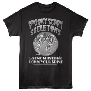 A black T-shirt featuring cartoon skeletons dancing with spooky text and the phrase "Send Shivers Down Your Spine" for Halloween fun.