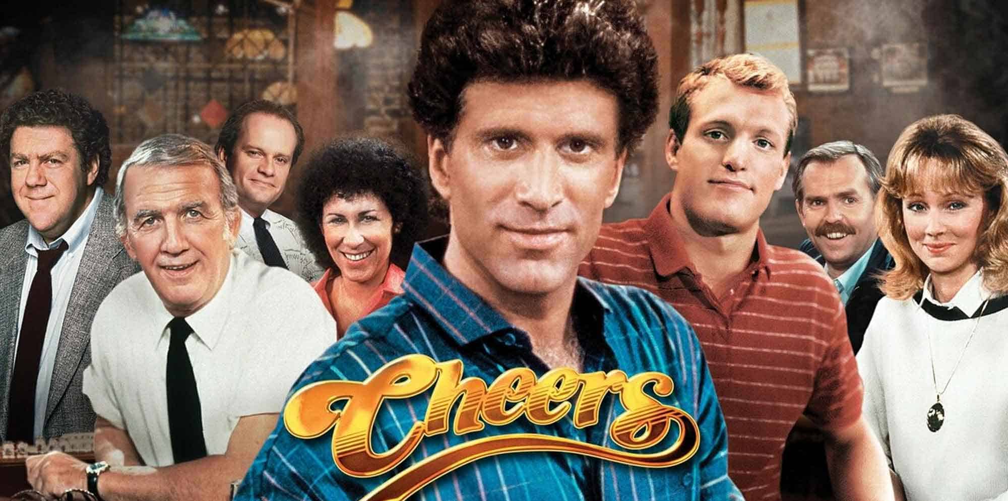 Enjoy the iconic Cheers TV cast with their cheerful expressions, showcasing classic sitcom humor.
