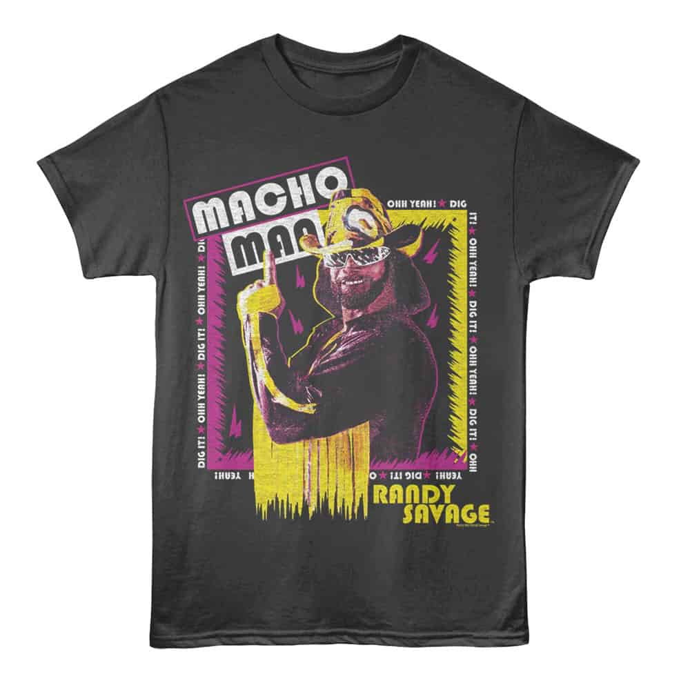 Vibrant Macho Savage graphic T-shirt featuring bold colors and urban streetwear style. Perfect for casual, trendy fashion.