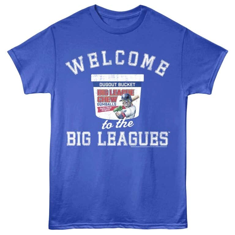 Blue baseball-themed T-shirt with "Welcome to the Big Leagues" slogan and vintage baseball graphic.