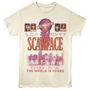 Vintage Scarface T-shirt featuring cityscape, Japanese characters, and "The World Is Yours" slogan.