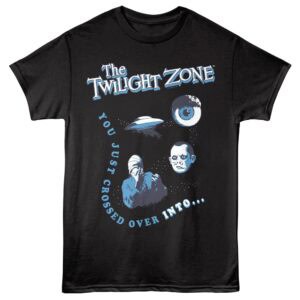 A black T-shirt featuring the Twilight Zone logo, with vintage sci-fi imagery including an eyeball, spaceship, and character.