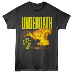 Vibrant black T-shirt featuring fiery Earth graphic with "UNDEROATH" and apocalyptic message.
