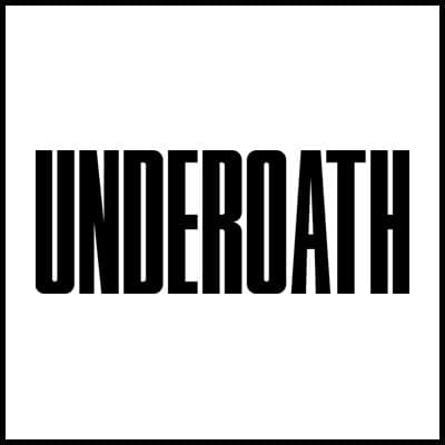 Bold black "UNDEROATH" logo on a white background t-shirt. Perfect for music fans and concert goers.