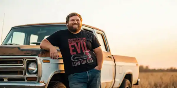 Vintage truck and man wearing humorous "Evil" T-shirt in rural setting at sunset.