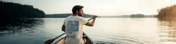 Men's casual graphic t-shirt with outdoor lake design. Perfect for adventure lovers and nature enthusiasts.