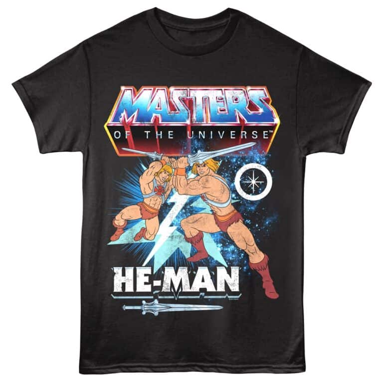 He-Man Masters of the Universe graphic tee featuring bold skeletal character illustration and colorful cosmic background.