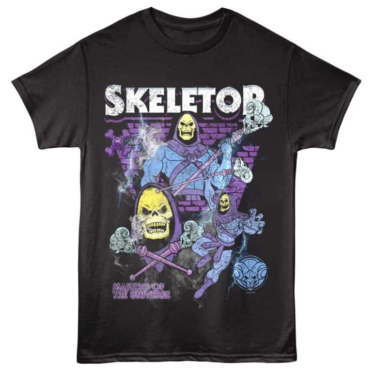 Skeletor graphic t-shirt featuring colorful He-Man villain from Masters of the Universe cartoon series.