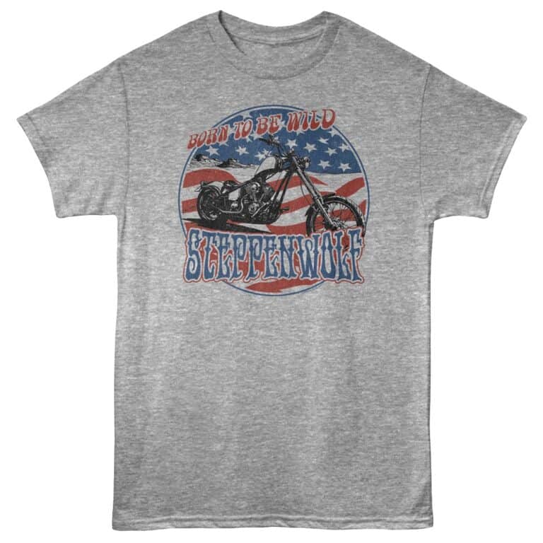 Retro motorcycle T-shirt featuring patriotic American flag and empowering slogan.