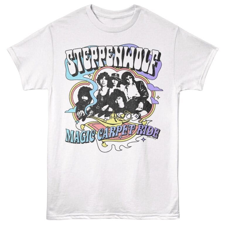 Colorful graphic tee featuring the band Stuffenhouses and the phrase "Magic Carpet Ride" for vintage rock fans.