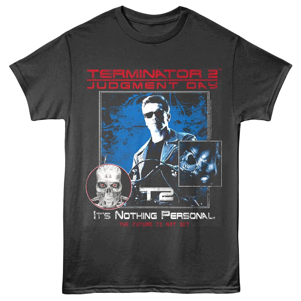 High-quality Terminator 2 Judgment Day graphic T-shirt featuring iconic characters and dark aesthetic.