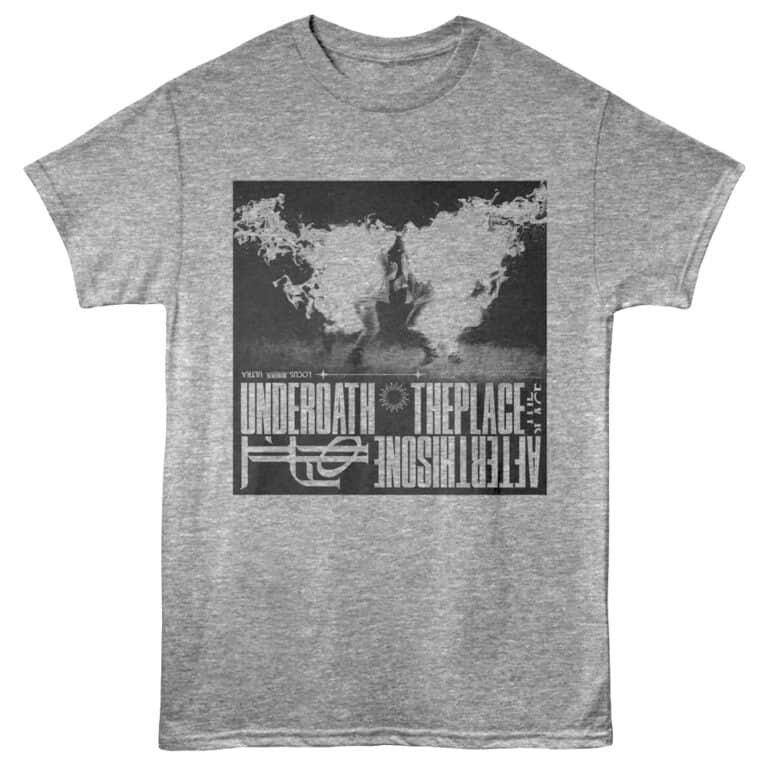 Portrait of a gray T-shirt with a world map design and bold text that reads "Underrate The Place".