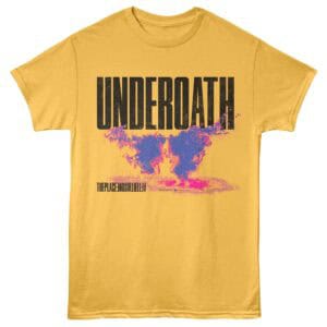 Vintage yellow graphic t-shirt with bold "UNDERATH" text and colorful smoke explosion design.