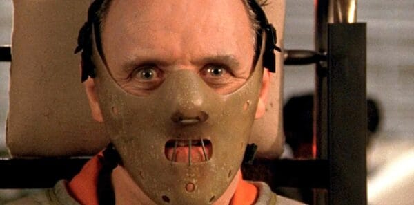 Close-up of Hannibal Lecter in mask from Silence of the Lambs.