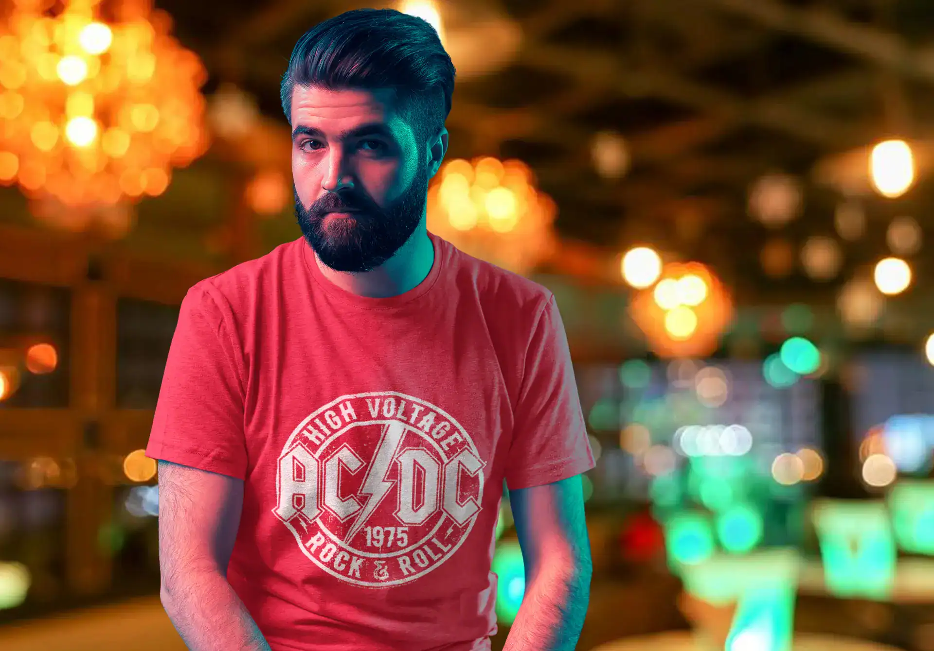 Colorful neon-lit background with bokeh effects, urban vibe, modern fashion statement.