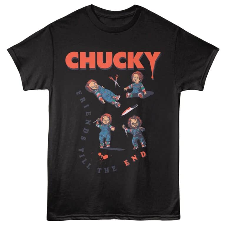 Graphic T-shirt featuring Chucky doll from Child's Play with horror-themed design.