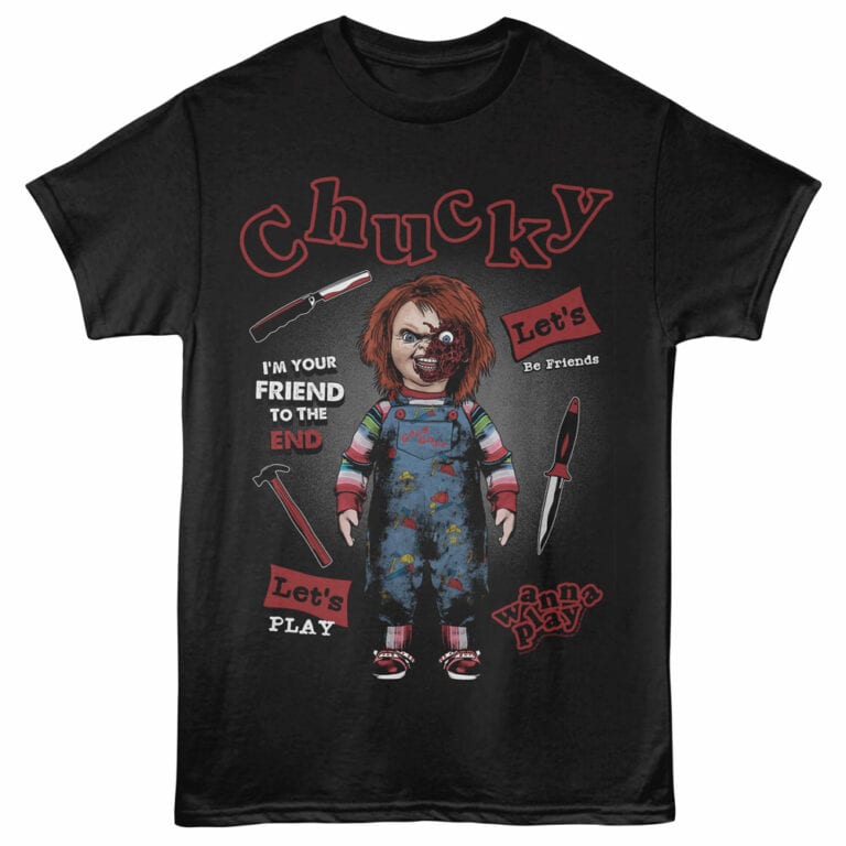 Horror-themed Chucky T-shirt featuring a creepy doll graphic, blood splatters, and chilling phrases for horror fans.