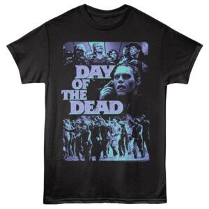 Dark graphic T-shirt featuring "Day of the Dead" zombie and skull design.