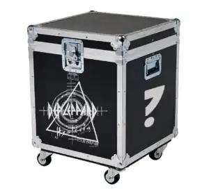 Durable black and silver roadie case with metal hardware and wheels, ideal for transporting guitar gear.