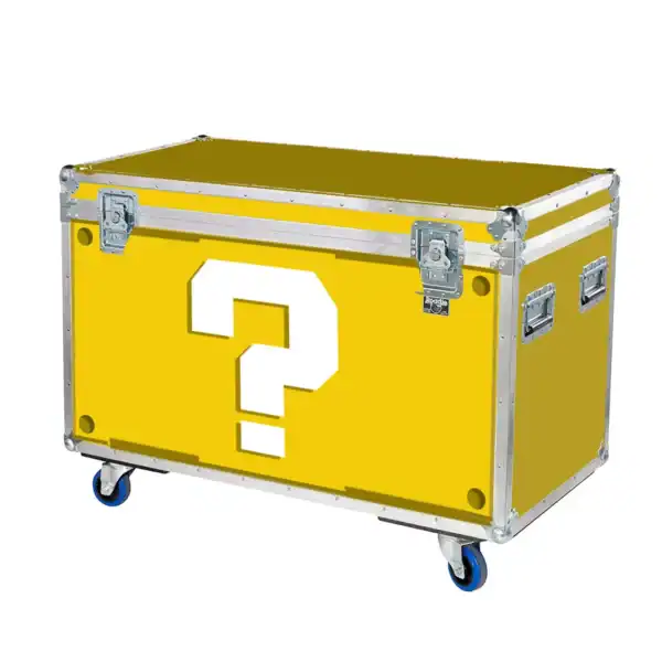 Small yellow storage case with a white question mark, mounted on wheels for easy transport and storage.