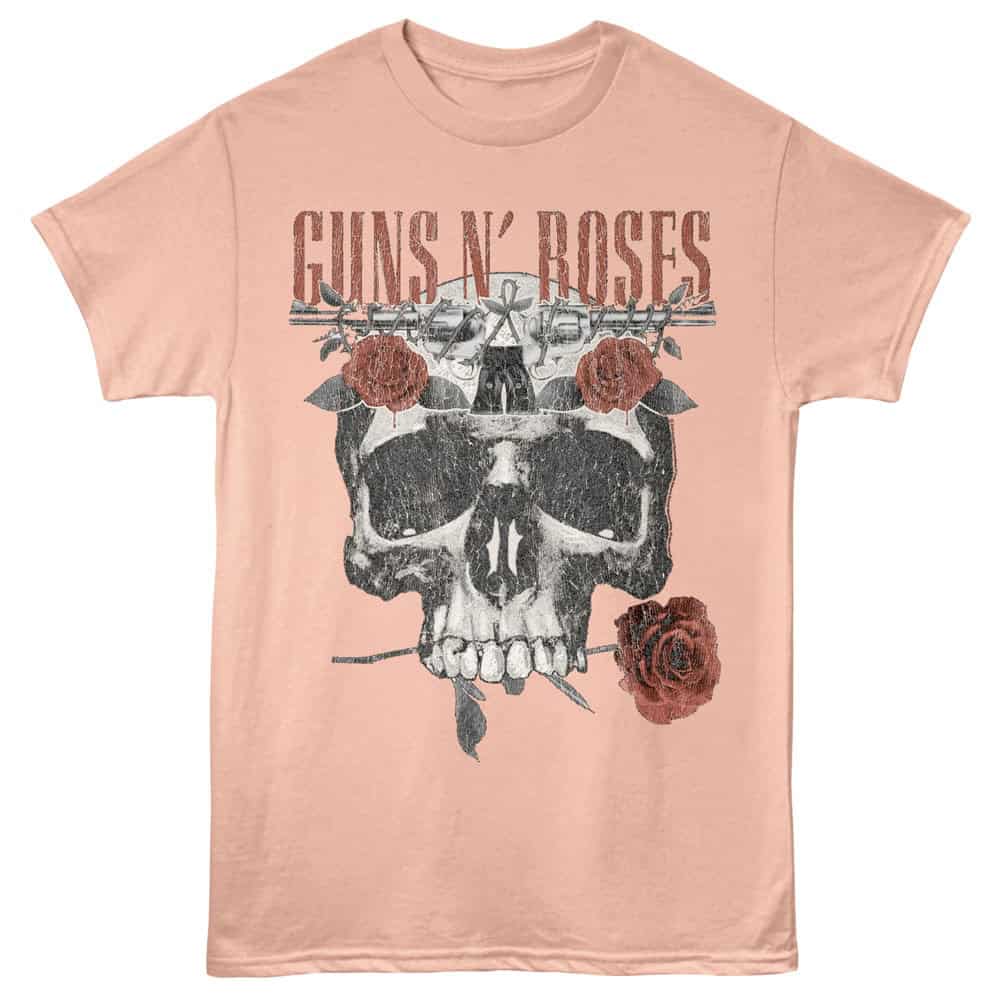 Stylish Guns N Roses skull graphic T-shirt with roses, perfect for rock music fans. Made from soft, comfortable fabric.