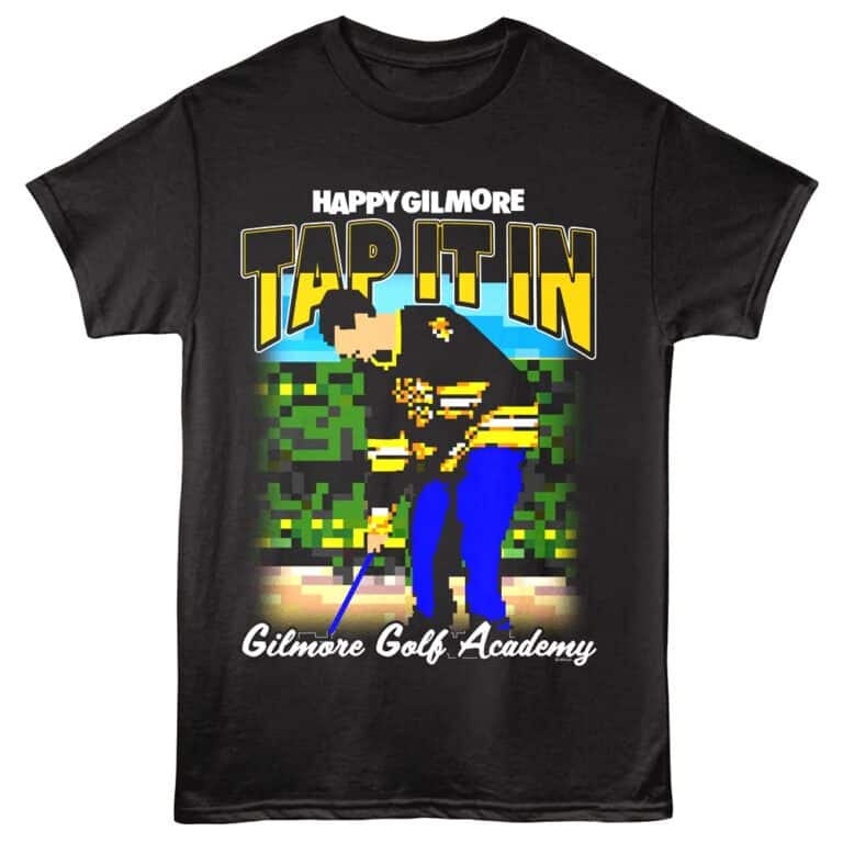 Pixelated tattoo golf shirt with "Happy Gilmore" golf character design.