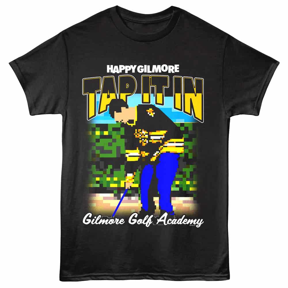 Pixelated tattoo golf shirt with "Happy Gilmore" golf character design.