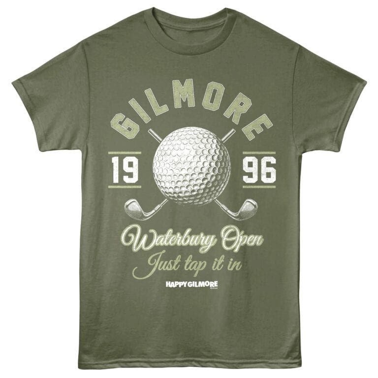 Golfmores golf t-shirt with golf ball and club graphics, ideal for Waterbury Open fans and golf enthusiasts.