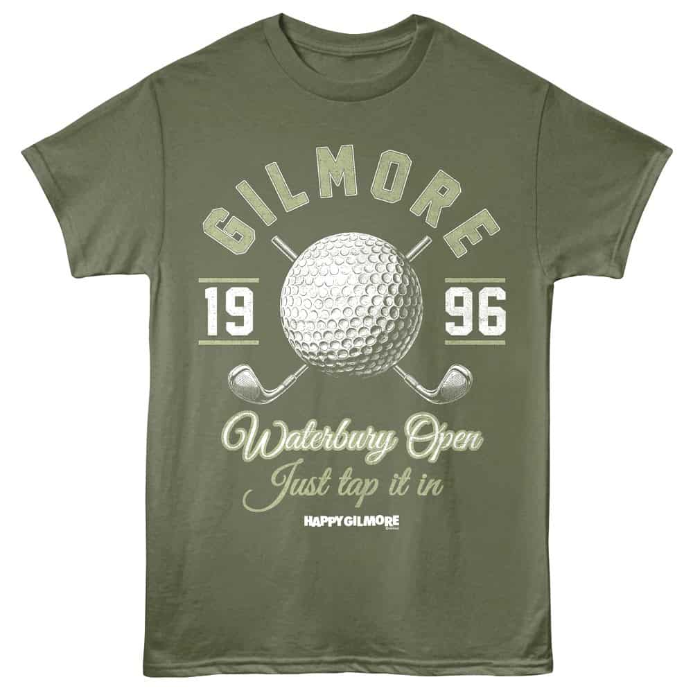 Golfmores golf t-shirt with golf ball and club graphics, ideal for Waterbury Open fans and golf enthusiasts.