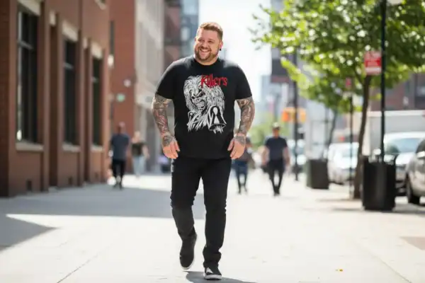 Stylish man wearing lion graphic tee walking outdoors in urban environment.