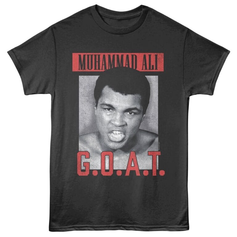 Black T-shirt with Muhammad Ali graphic and bold G.O.A.T. lettering, perfect for sports fans.