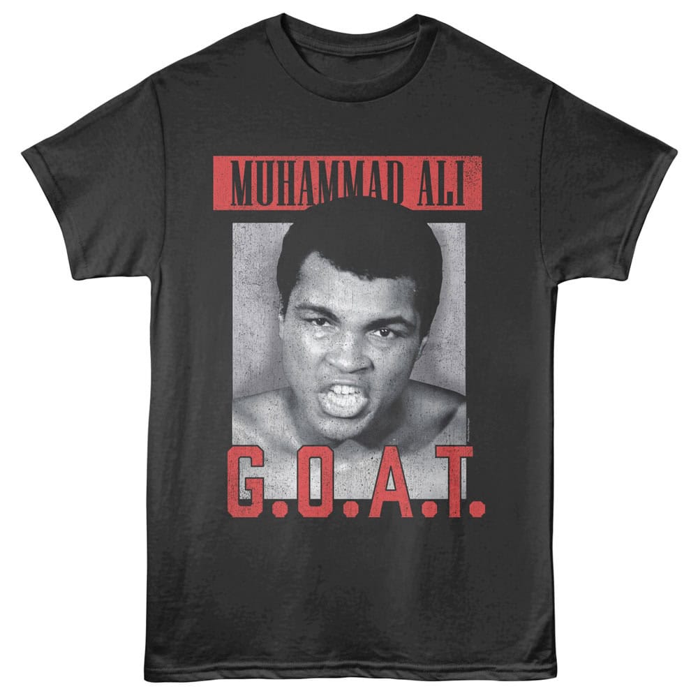 Black T-shirt with Muhammad Ali graphic and bold G.O.A.T. lettering, perfect for sports fans.